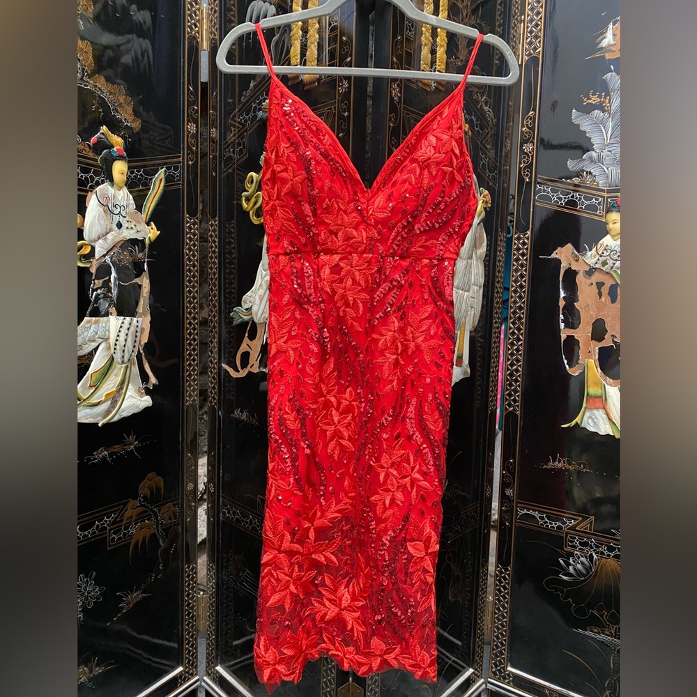Red sequin and embroidered cocktail dress: Size small